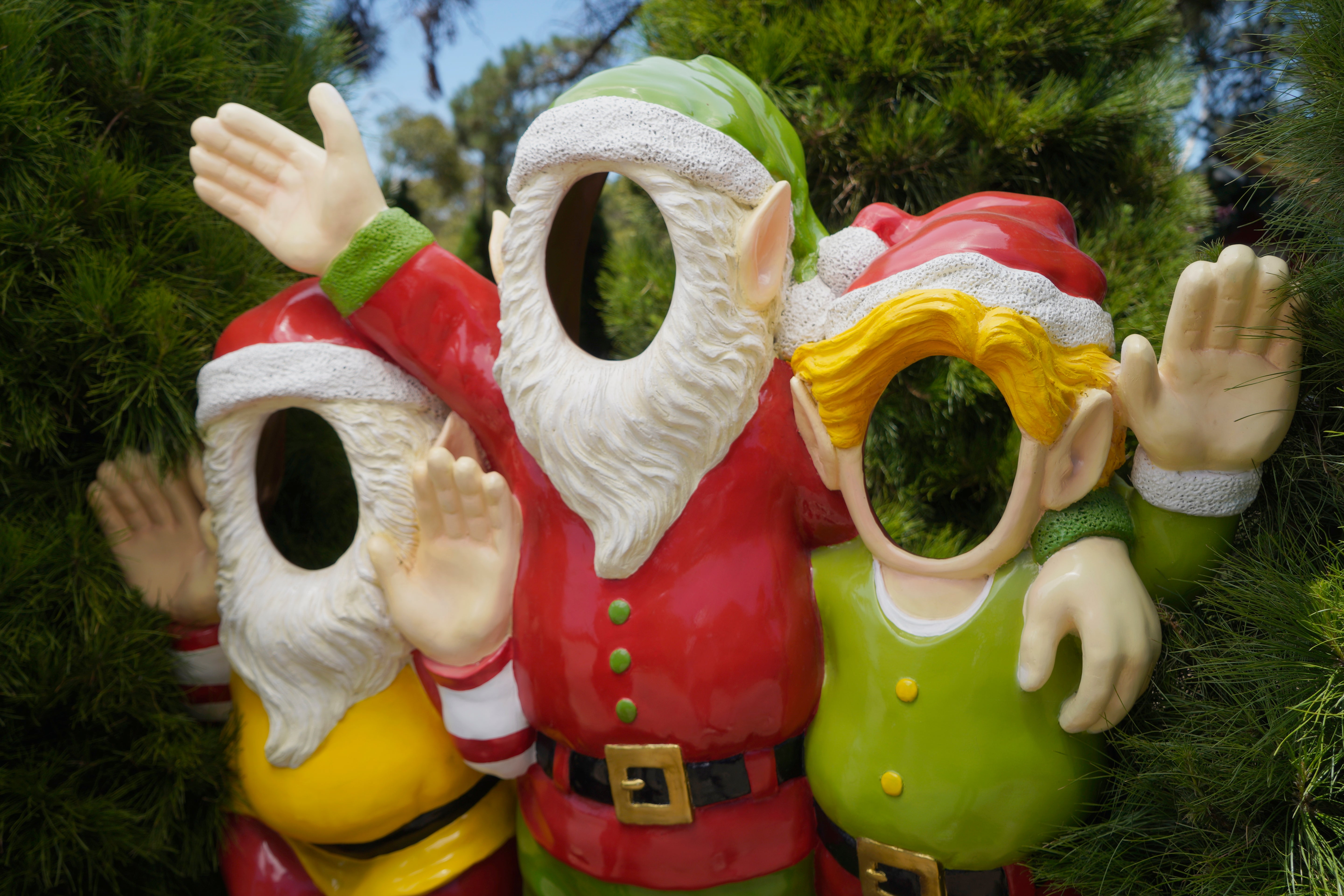Photo of festive elf heads used as decorations at Chandlers Hill Christmas Tree Farm, showcasing the holiday displays, Christmas tree farm atmosphere, and family-friendly festive activities